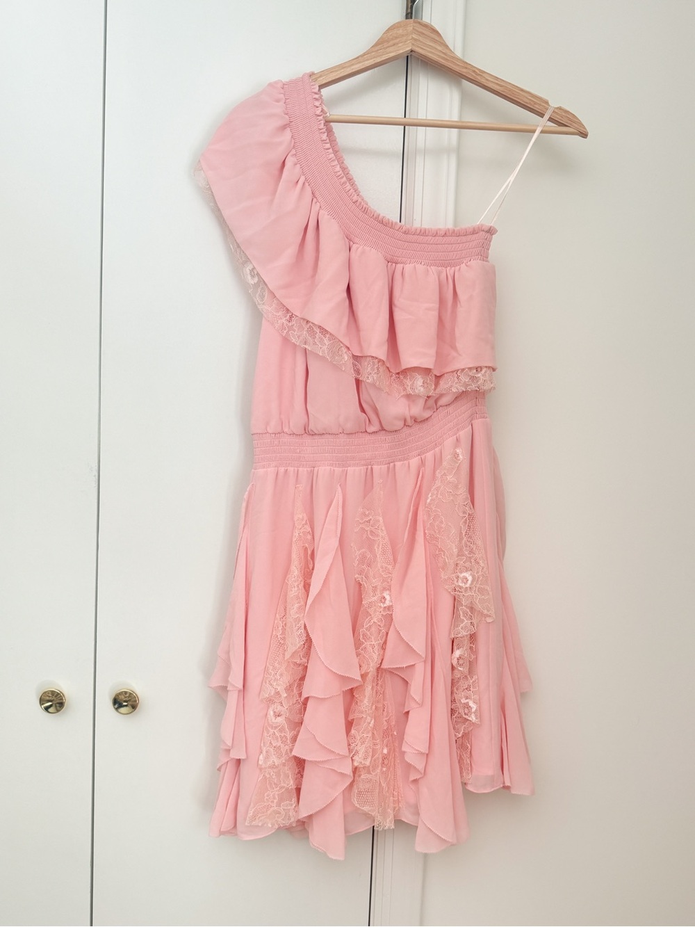 Jessica Simpson One Shoulder
Ruffle and Lace Blush Pink‎ Dress
Size 4
